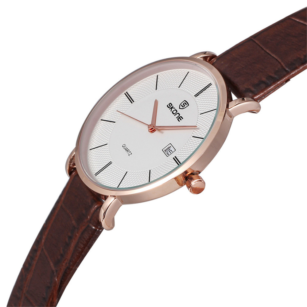 a pair skone waterproof pu leather couple lover wrist watches men women dress wristwatch set with date calender quartz movement