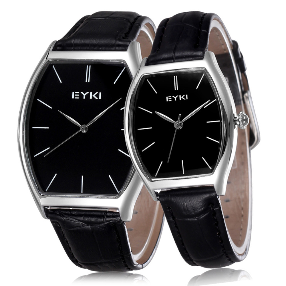 eyki 2078 genuine leather couple lover wrist watch waterproof black tonneau dial quartz women men clock wristwatches