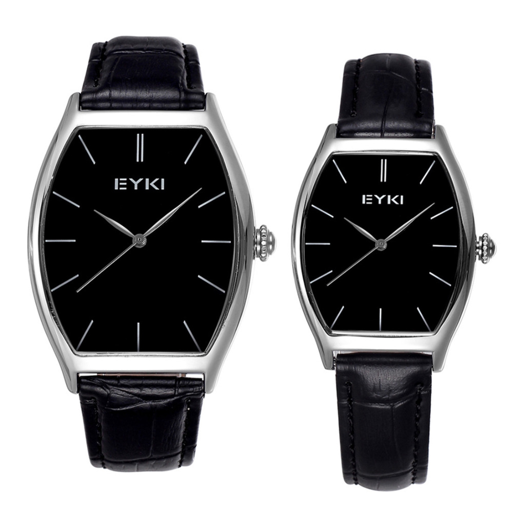 eyki 2078 genuine leather couple lover wrist watch waterproof black tonneau dial quartz women men clock wristwatches