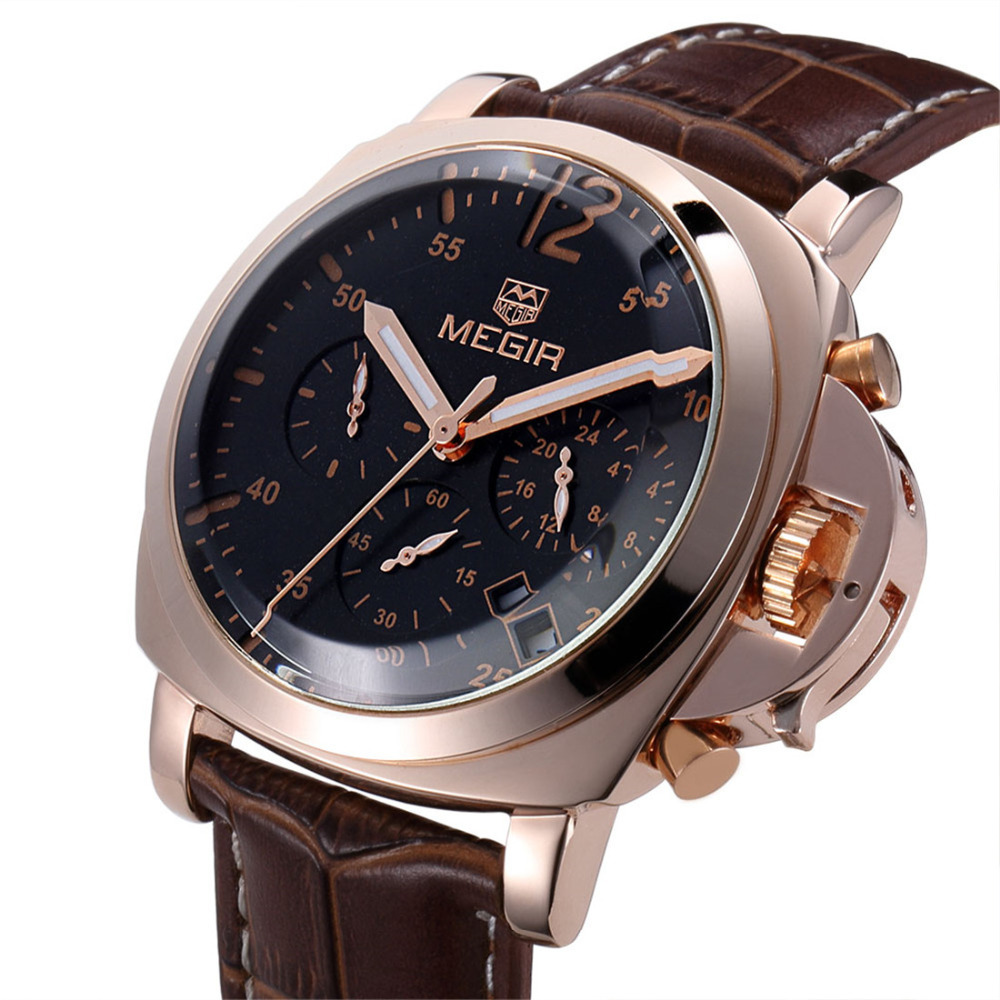 megir 2302 genuine leather band wrist watches men male wristwatch clock for men with stainless steel case