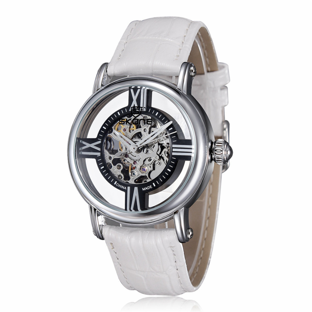 skone 2015 fashion mechanical movement wrist watches men genuine leather strap waterproof male mens bracelet wristwatch