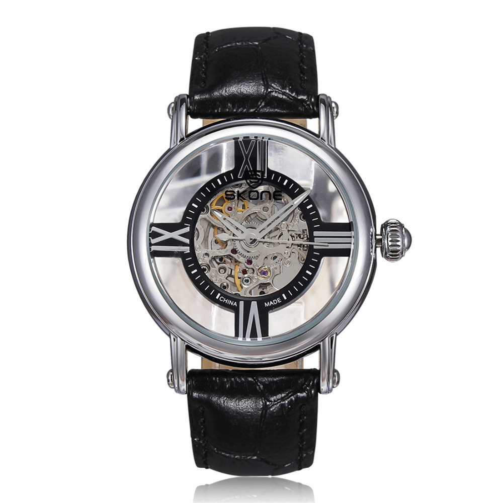 skone 2015 fashion mechanical movement wrist watches men genuine leather strap waterproof male mens bracelet wristwatch