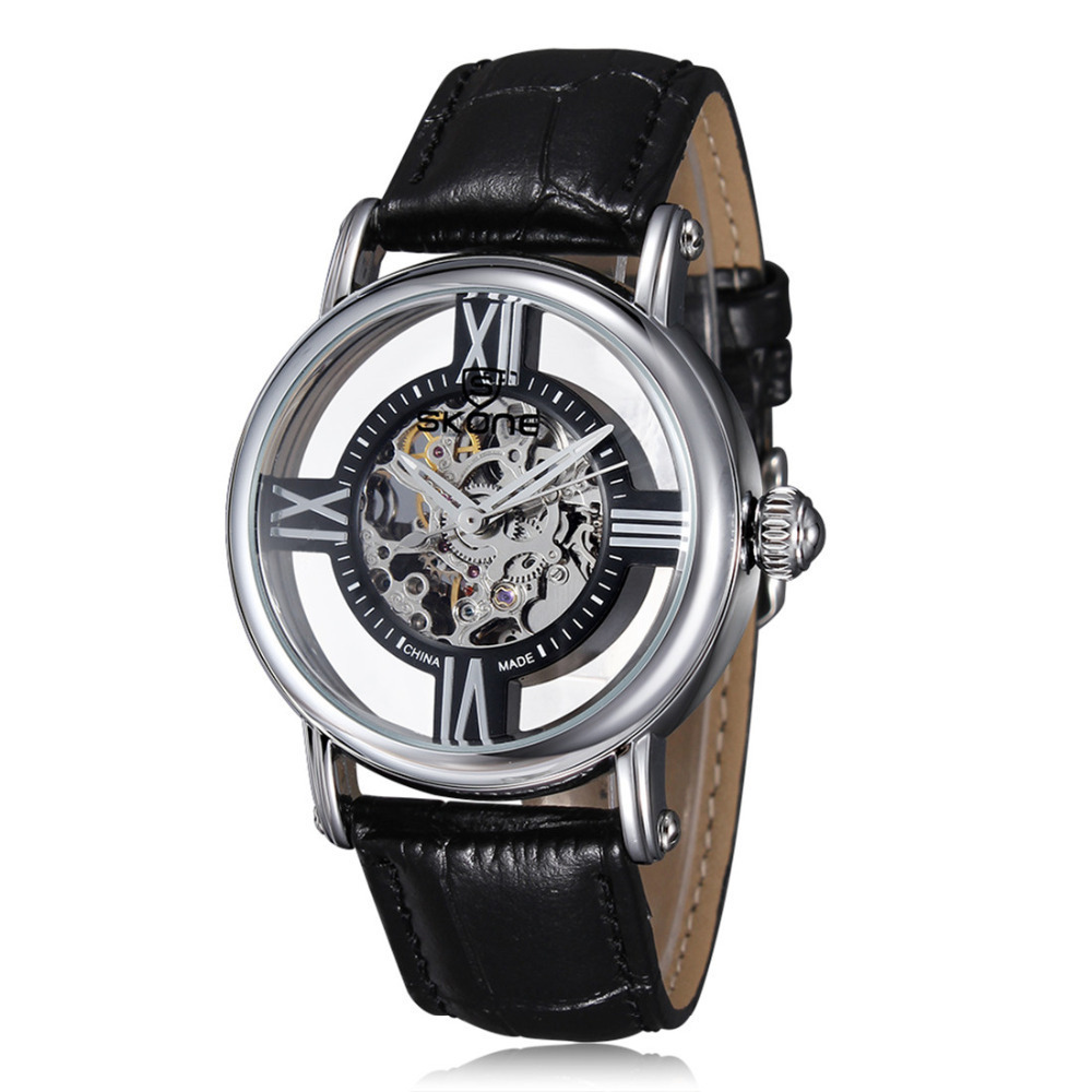 skone 2015 fashion mechanical movement wrist watches men genuine leather strap waterproof male mens bracelet wristwatch