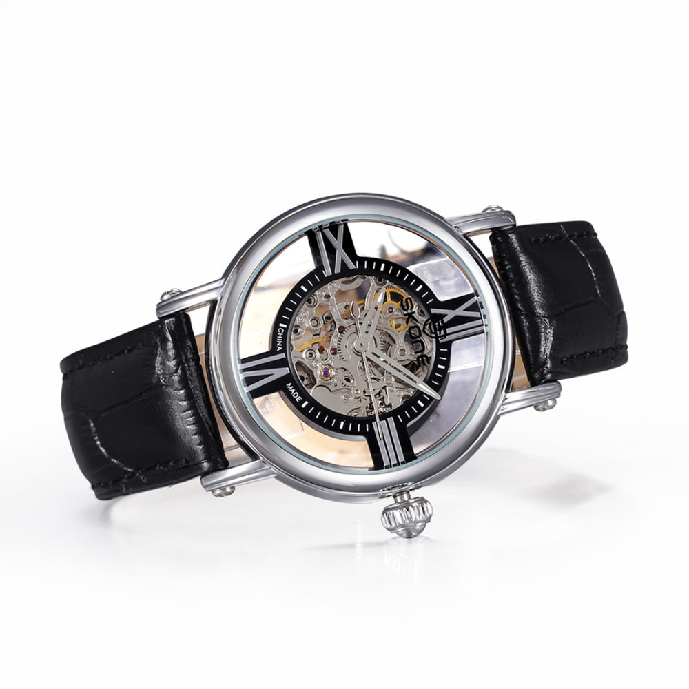 skone 2015 fashion mechanical movement wrist watches men genuine leather strap waterproof male mens bracelet wristwatch