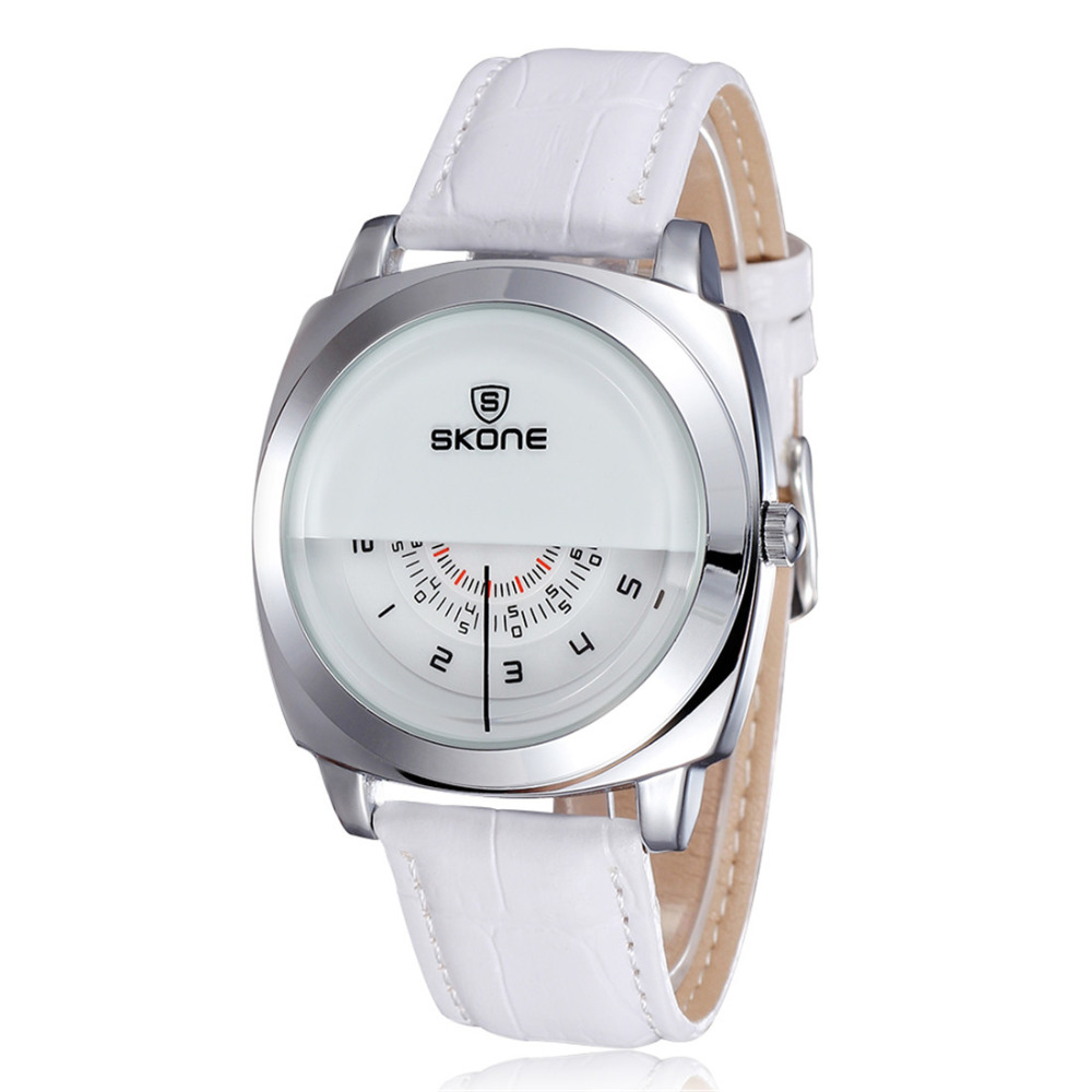 skone 5017 genuine leather unisex wrist watch men women wristwatch clock for male female ladies with 3 little dials display