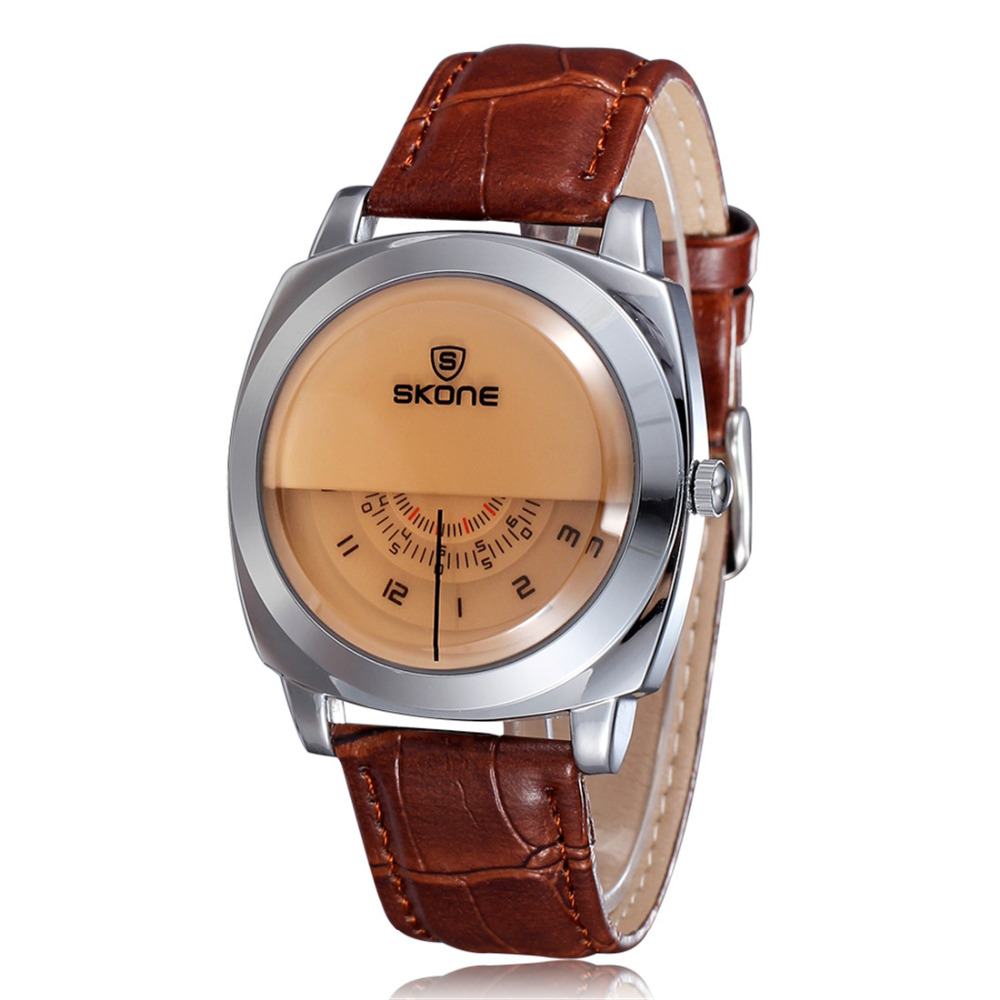 skone 5017 genuine leather unisex wrist watch men women wristwatch clock for male female ladies with 3 little dials display