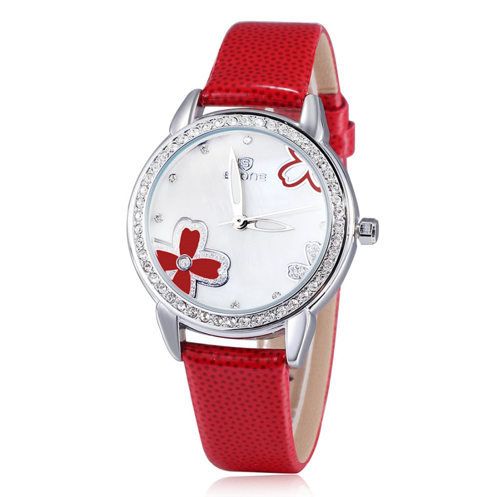 skone 5019 shell clover dial ladies wrist watch women pu leather band diamond alloy wristwatch clock for female girl gift