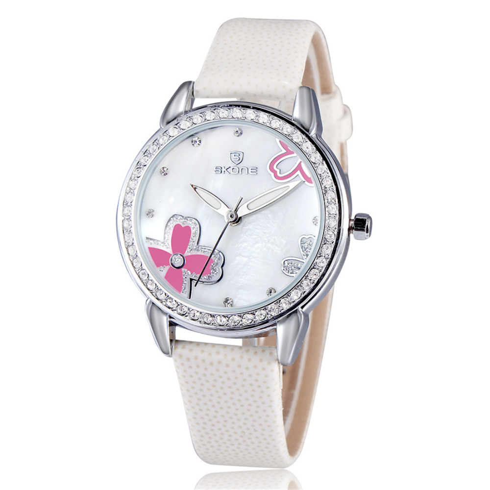 skone 5019 shell clover dial ladies wrist watch women pu leather band diamond alloy wristwatch clock for female girl gift