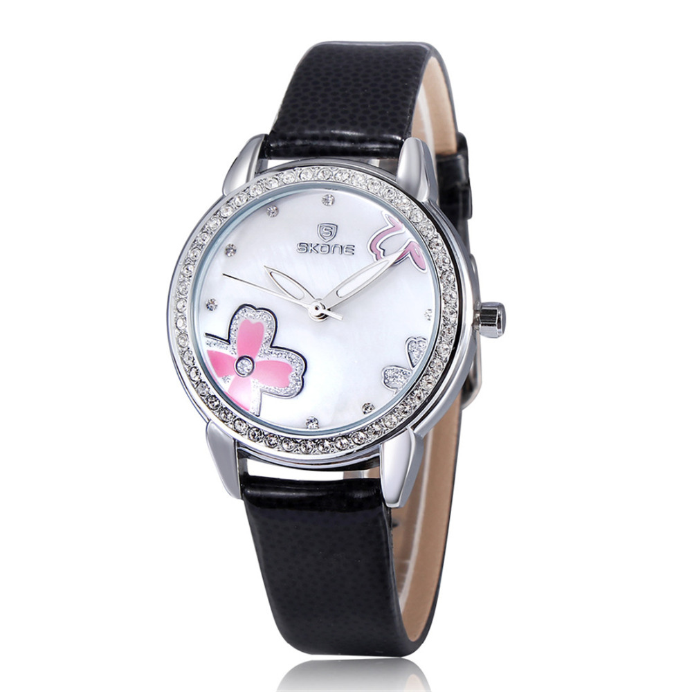 skone 5019 shell clover dial ladies wrist watch women pu leather band diamond alloy wristwatch clock for female girl gift
