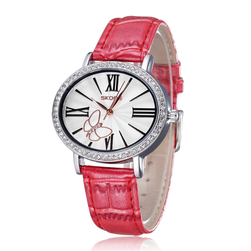 skone 5025 waterproof pu leather women ladies wrist watch imported japan quartz female girl wristwatches ( white / rose / pink )
