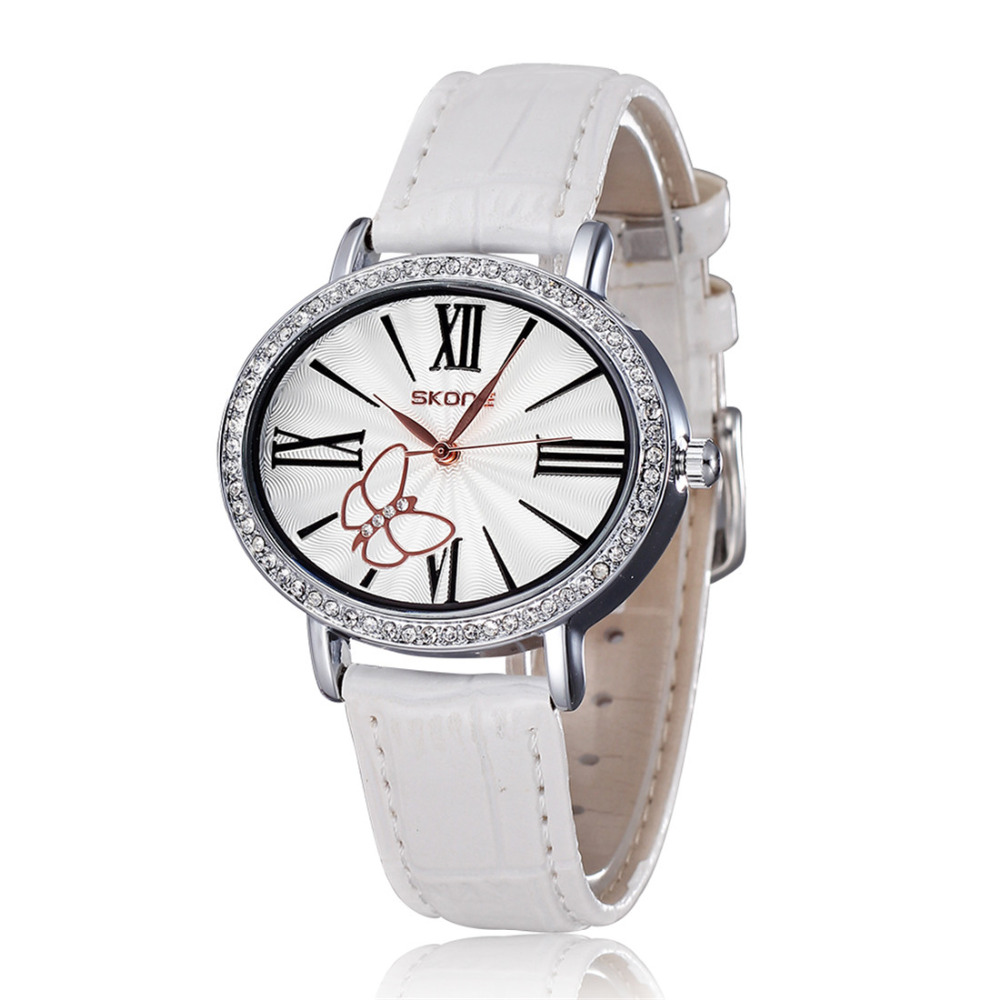 skone 5025 waterproof pu leather women ladies wrist watch imported japan quartz female girl wristwatches ( white / rose / pink )