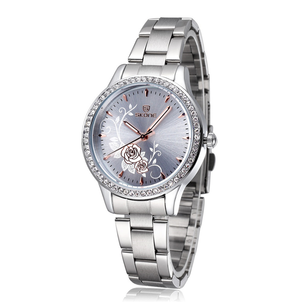 skone 5042 rhinestone alloy band ladies wrist watch japan quartz movement life waterproof silver women female wristwatches