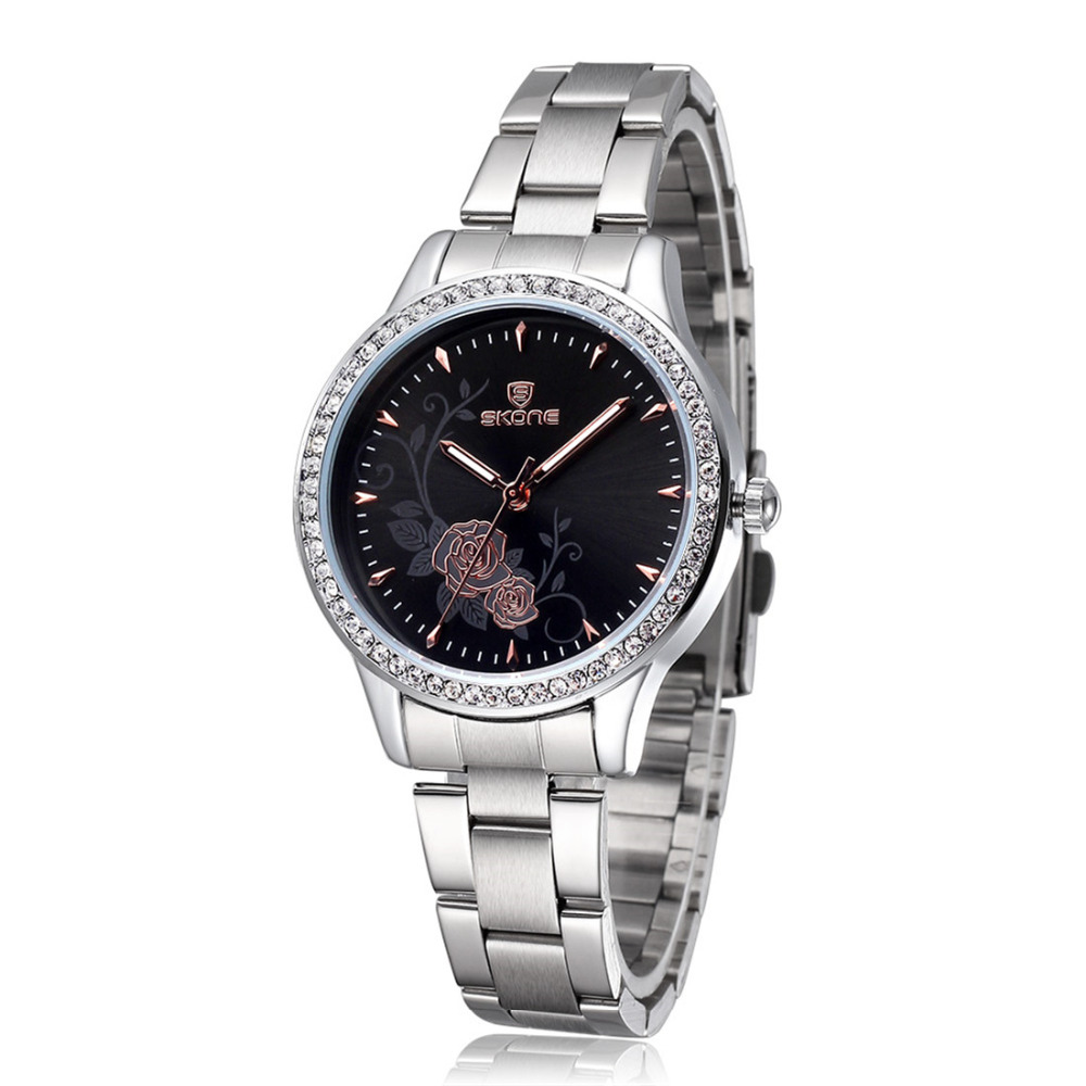 skone 5042 rhinestone alloy band ladies wrist watch japan quartz movement life waterproof silver women female wristwatches