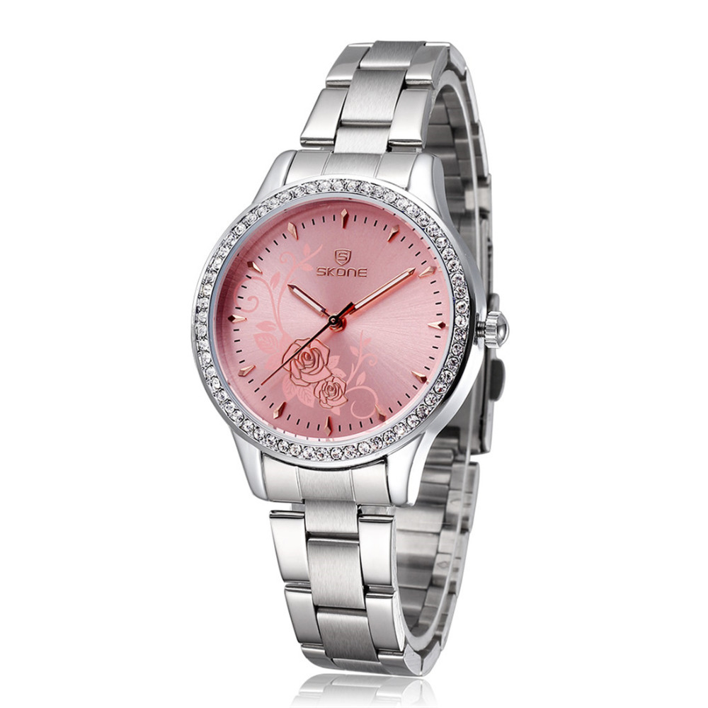 skone 5042 rhinestone alloy band ladies wrist watch japan quartz movement life waterproof silver women female wristwatches