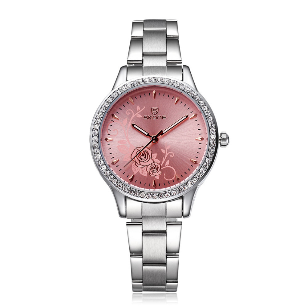 skone 5042 rhinestone alloy band ladies wrist watch japan quartz movement life waterproof silver women female wristwatches