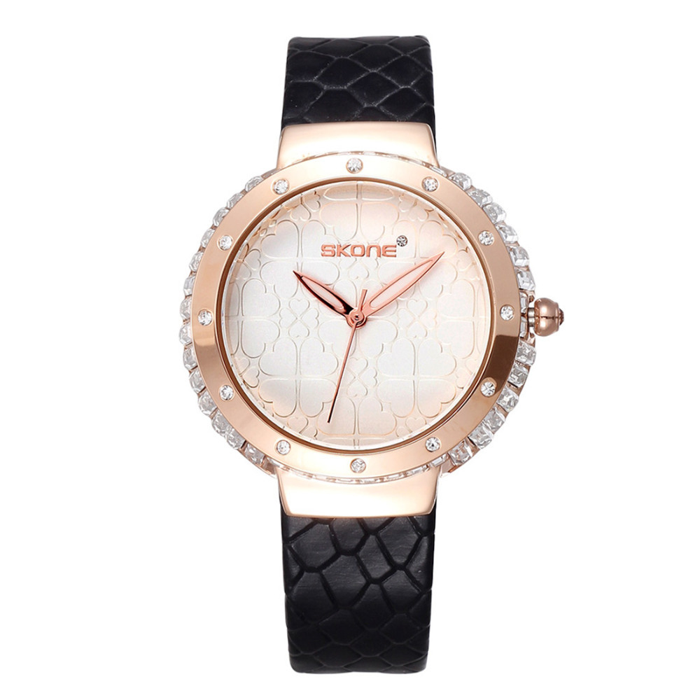 skone 5081 rhinestone diamond ladies wrist watch pu leather band round quartz wristwatch clock for women girl