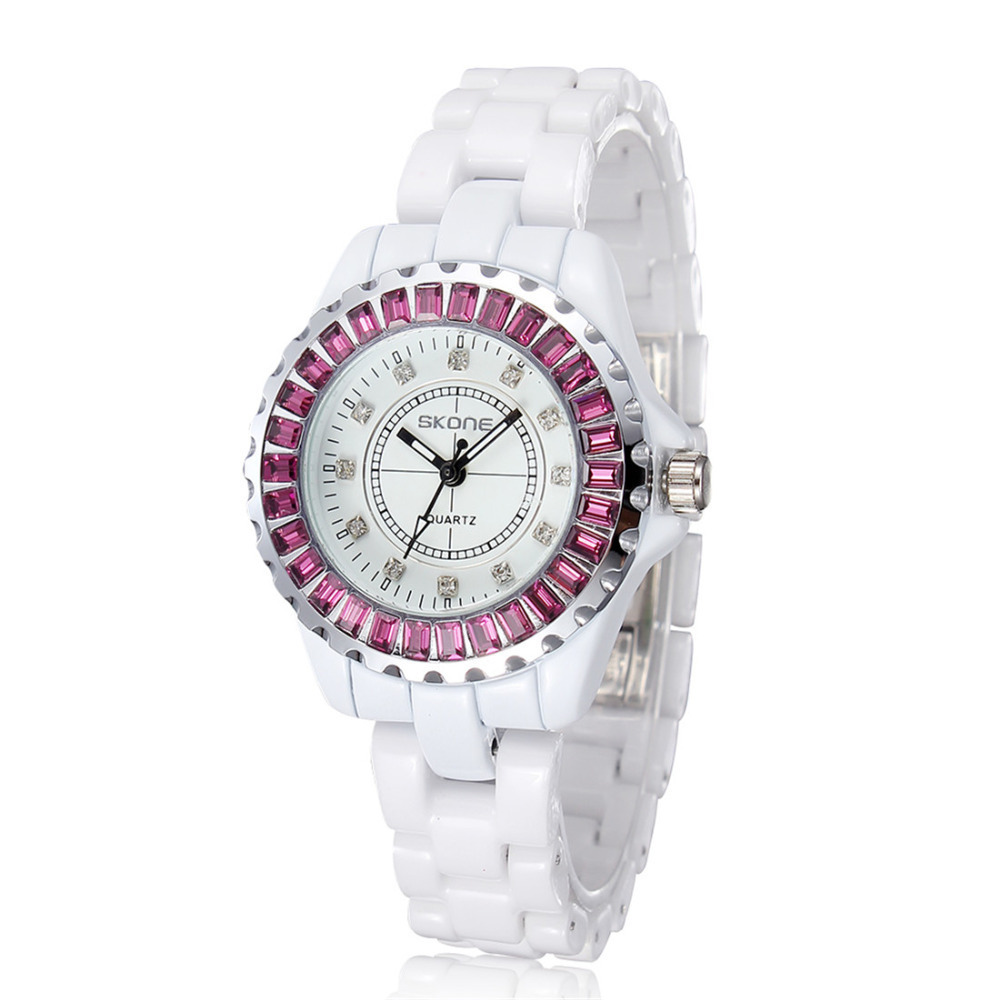skone fashion wrist watch women japan quartz shinny rhinestones artificial white ceramic watch ladies female girl wristwatch