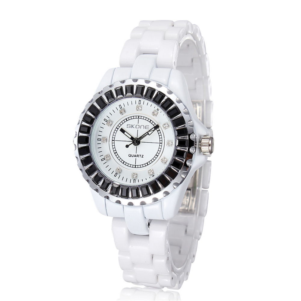 skone fashion wrist watch women japan quartz shinny rhinestones artificial white ceramic watch ladies female girl wristwatch