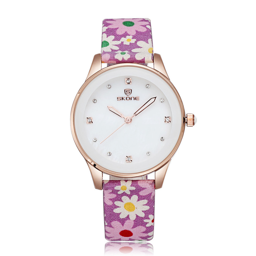 skone flower pattern fabric band quartz women wrist watch ladies female girl wristwatch with rose gold case & luminous pointer