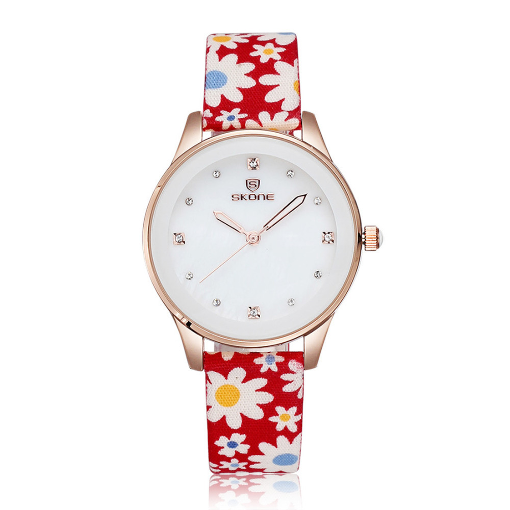 skone flower pattern fabric band quartz women wrist watch ladies female girl wristwatch with rose gold case & luminous pointer