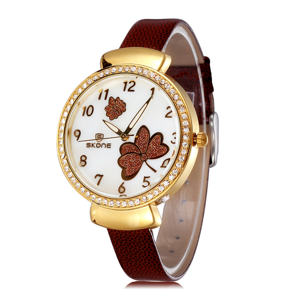 skone sparkling leaf flower pattern ladies wrist watch women pu leather band rhinestone diamond wristwatch clock for girl female