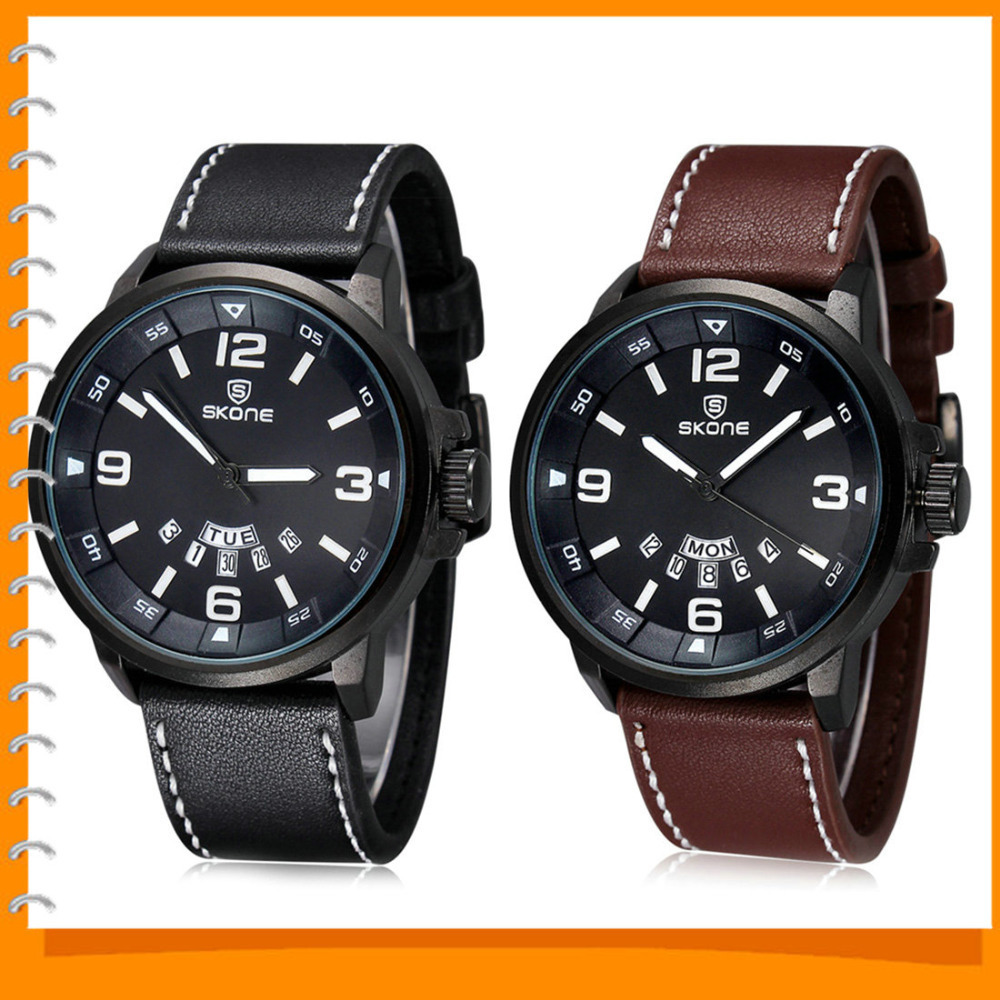 skone waterproof wrist watches men pu leather quartz movement alloy wristwatch with luminous pointer / double calendar display skone waterproof wrist watches men pu leather quartz movement alloy wristwatch with luminous pointer / double calendar display