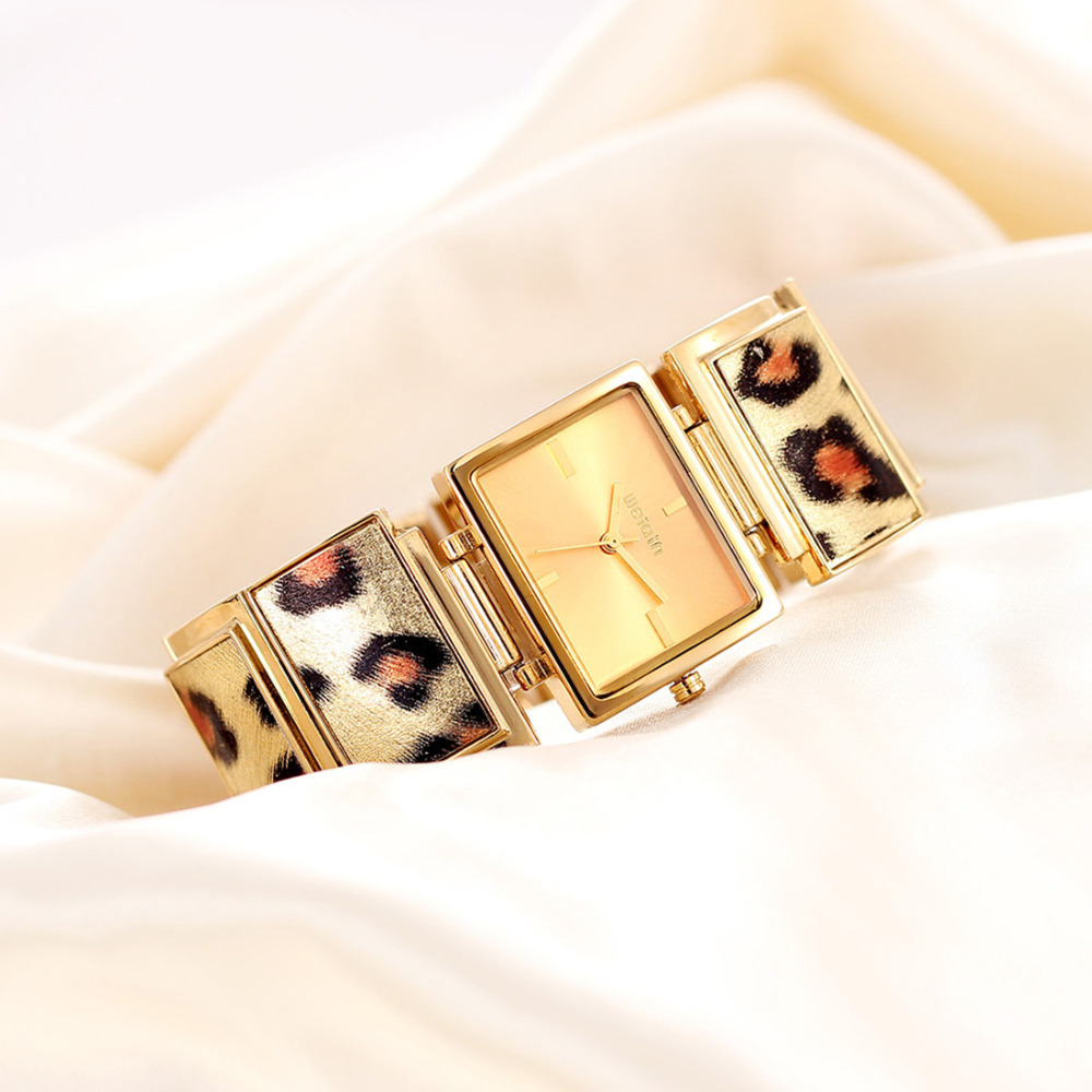 weiqin rectangle leopard gold women wrist watch bracelet hook buckle quartz movement stainless steel ladies female wristwatch