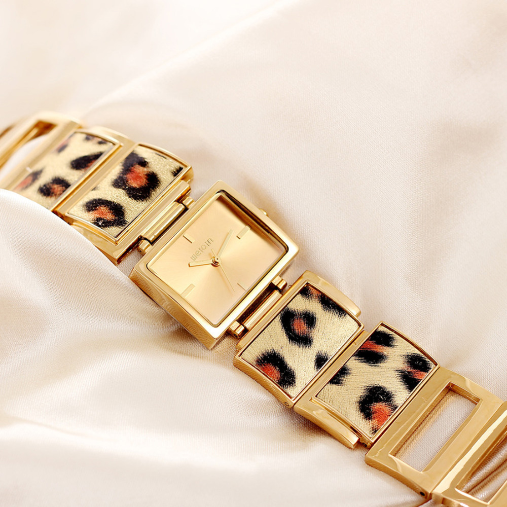 weiqin rectangle leopard gold women wrist watch bracelet hook buckle quartz movement stainless steel ladies female wristwatch