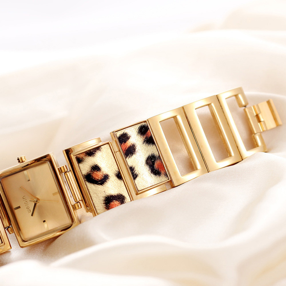 weiqin rectangle leopard gold women wrist watch bracelet hook buckle quartz movement stainless steel ladies female wristwatch
