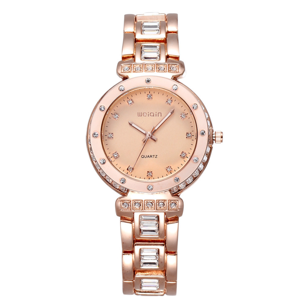 weiqin stainless steel wrist watch women quartz gold female ladies watch wristwatch with 94x shinny rhinestones luminous pointer