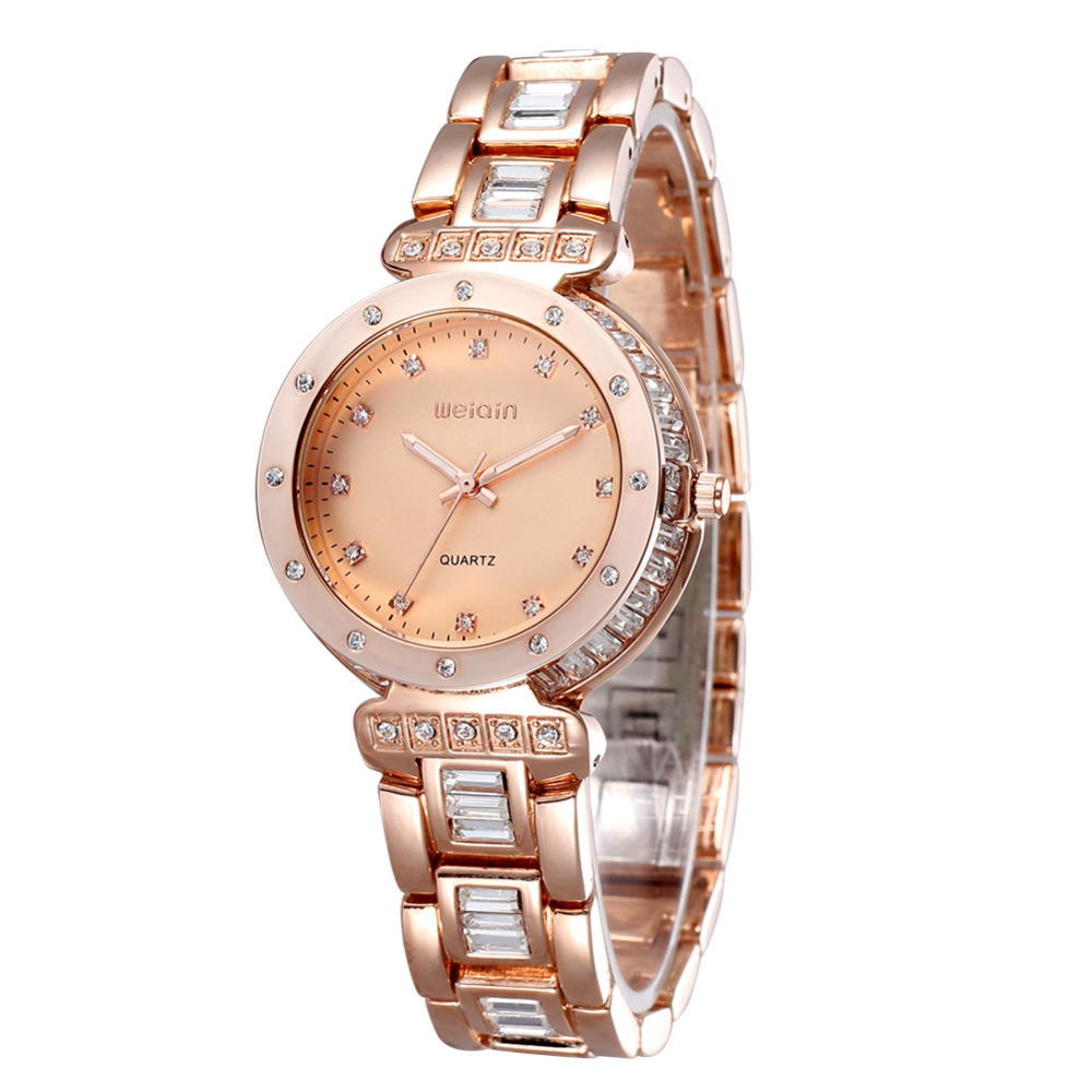 weiqin stainless steel wrist watch women quartz gold female ladies watch wristwatch with 94x shinny rhinestones luminous pointer