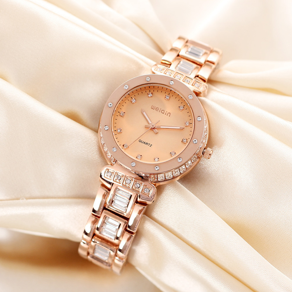weiqin stainless steel wrist watch women quartz gold female ladies watch wristwatch with 94x shinny rhinestones luminous pointer
