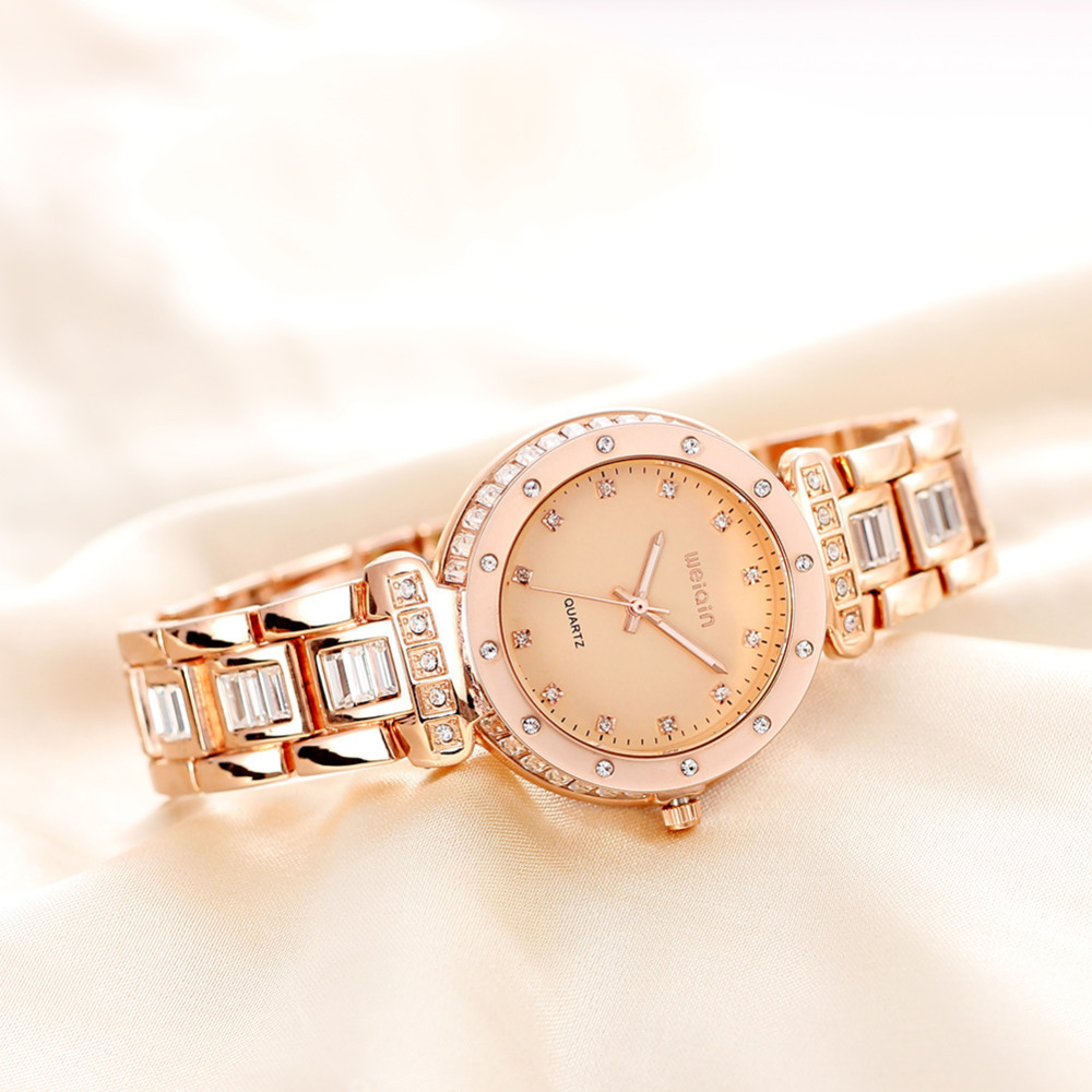 weiqin stainless steel wrist watch women quartz gold female ladies watch wristwatch with 94x shinny rhinestones luminous pointer