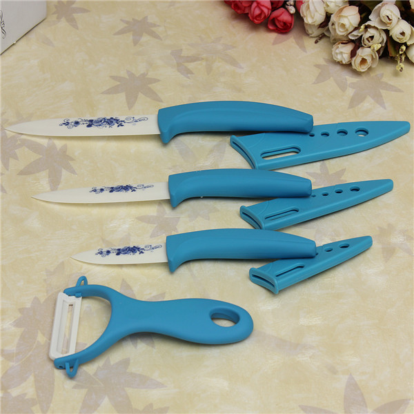 2015 high standard blue flower painted zirconia ceramic fruit kitchen knife set kit 3 4 5 inch + peeler+covers