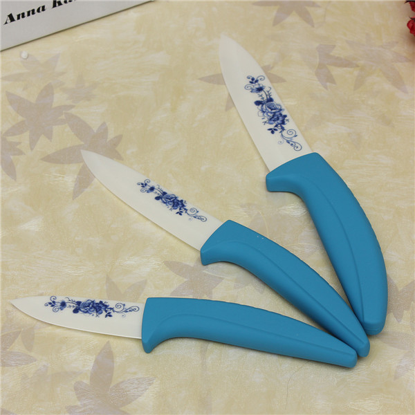 2015 high standard blue flower painted zirconia ceramic fruit kitchen knife set kit 3 4 5 inch + peeler+covers