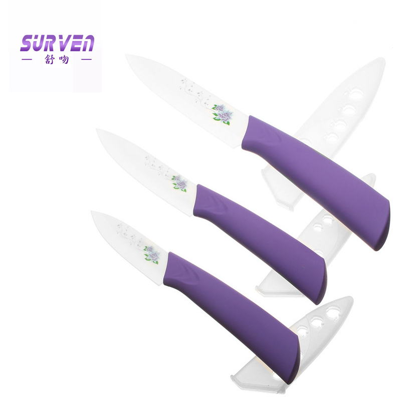 2015 top brand surven flower painted zirconia ceramic kitchen knife set fruit kit 3" 4" 5'' inch purple knifes with covers