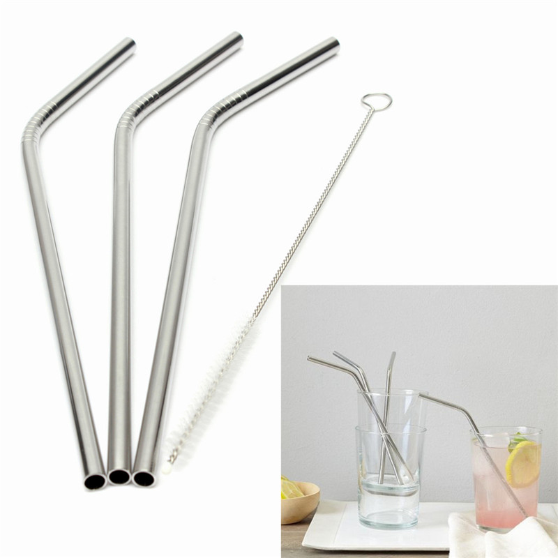 3 pcs stainless straws with 1 cleaner brush metal drinking straw stainless steel bend kitchen bar accessories