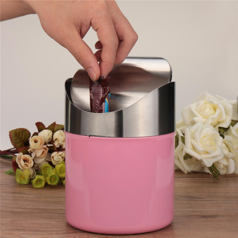 beautiful design pink stainless steel trash bin1.5l mini car dustbin swing lid kitchen worktop waste rubbish trash can