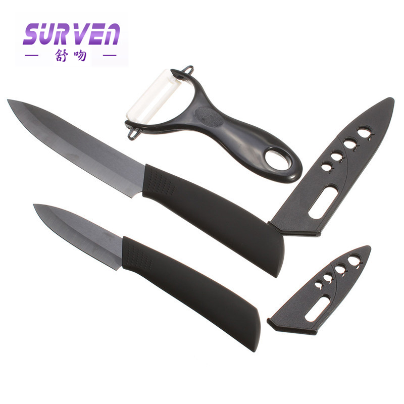 brand surven super quality black blade 3pcs gift set 3 inch+5 inch+peeler +covers ceramic knife sets kitchen knifes
