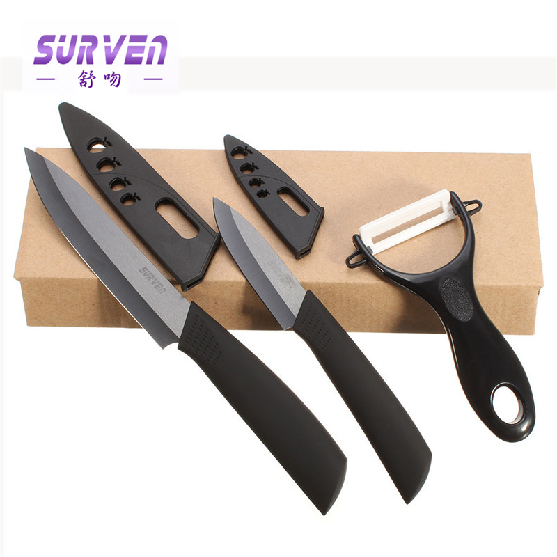 brand surven super quality black blade 3pcs gift set 3 inch+5 inch+peeler +covers ceramic knife sets kitchen knifes