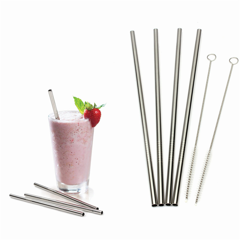 kitchen bar accessories 4 pcs stainless straws with 2 cleaner brush metal drinking straw stainless steel bend