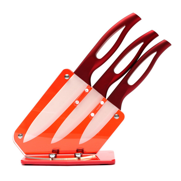 new arrival 3 4 5 inch ceramic knife set + acrylic knife holder stand kitchen knives cooking tools beauty red handle