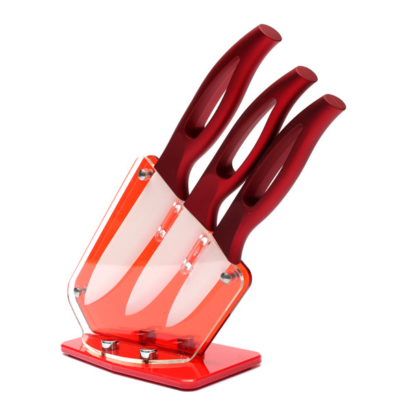 new arrival 3 4 5 inch ceramic knife set + acrylic knife holder stand kitchen knives cooking tools beauty red handle