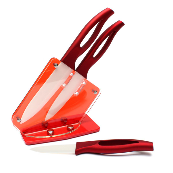 new arrival 3 4 5 inch ceramic knife set + acrylic knife holder stand kitchen knives cooking tools beauty red handle