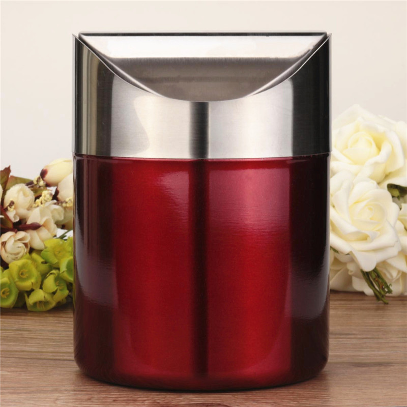 new arrival red color stainless steel trash bin1.5l mini car dustbin swing lid kitchen worktop waste rubbish trash can