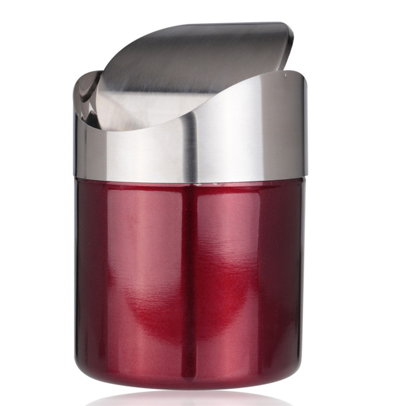new arrival red color stainless steel trash bin1.5l mini car dustbin swing lid kitchen worktop waste rubbish trash can