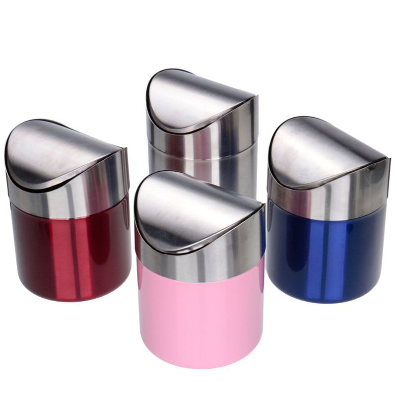 stainless steel trash bin 1.5l mini car dustbin swing lid kitchen worktop waste rubbish trash can 4 colors