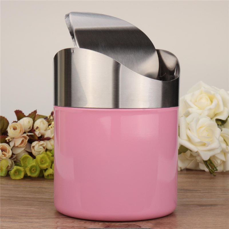 stainless steel trash bin 1.5l mini car dustbin swing lid kitchen worktop waste rubbish trash can 4 colors