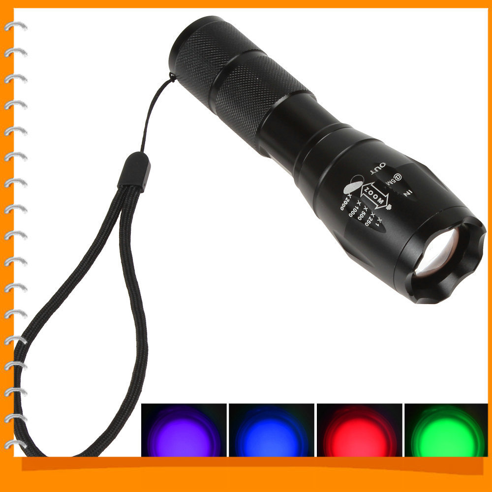 a100 cree q5 led flashlight torch 5 modes zoomable & adjustable focus led flash light ( green / red / blue / purple light ) a100 cree q5 led flashlight torch 5 modes zoomable & adjustable focus led flash light ( green / red / blue / purple light )