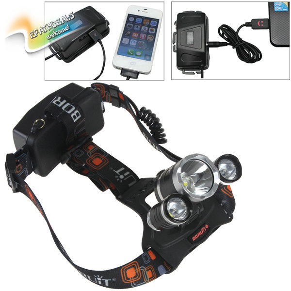 boruit 2100lm 3x cree xm-l2 u2-1a led headlamp headlight adjustable head light lamp support 3 charging way & power for cellphone
